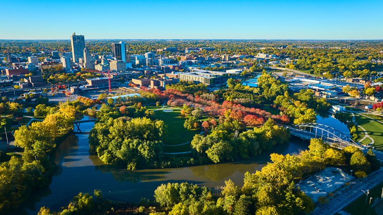 Drone shot of Fort Wayne Downtown